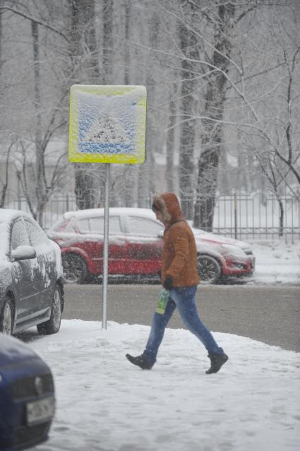 Снегопад. На снимке: знак `Пешеходный переход` занесенный снегом.