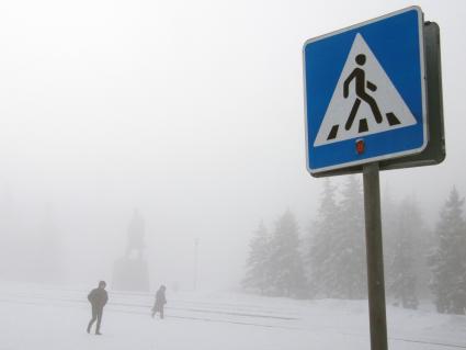 Люди идут по заснеженной улице Барнаула мимо памятника В.И. Ленину и знака пешеходного перехода.