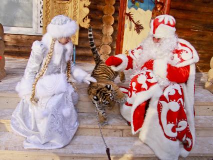 Резиднция Деда Мороза. Снегурочка, тигренок и Дед Мороз.