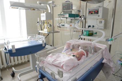 Акушерский стационар. Новое отделение реанимации новорожденных. На снимке: новорожденный в инкубаторе.