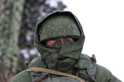 Полномасштабные учения 247-го десантно-штурмового Кавказского казачьего полка на полигоне возле города Ставрополя. На снимке: солдат в зимней форме.