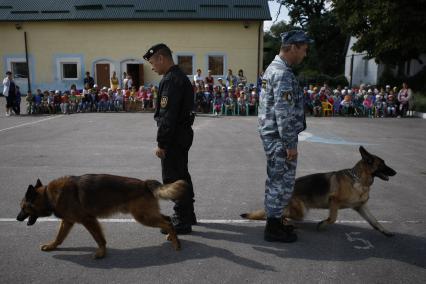 Полицейские с собакой на учениях в детсаду