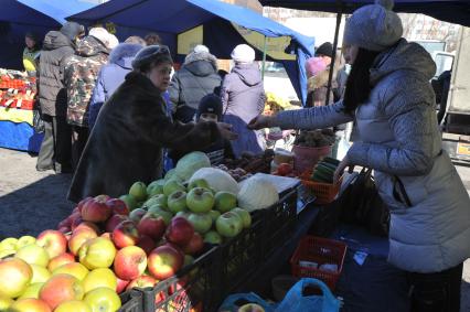 Рынок выходного дня на улице Маршала Тухачевского. На снимке: продажа овощей и фруктов.