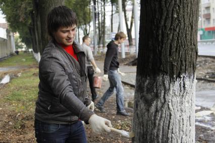 Мальчик белит ствол деревп.