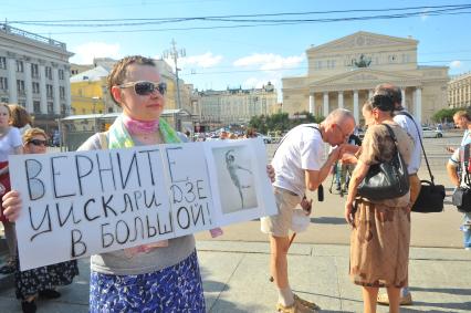 Площадь Революции. Митинг в поддержку премьера балетной труппы ГАБТ Н.Цискаридзе . На снимке: участница  митинга с плакатом `Верните Цискаридзе в Большой`.