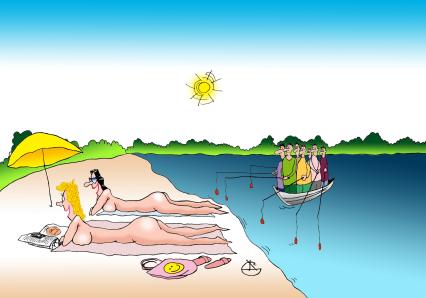 Рыбаки с лодки наблюдают за загорающими женщинами на пляже. ВНИМАНИЕ! Рисунок принадлежит ЗАО `ИД `Комсомольская правда`. Гонорар автору не расписывать.
