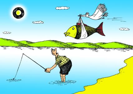 Мимо рыбака летит аист с рыбой в клюве. ВНИМАНИЕ! Рисунок принадлежит ЗАО `ИД `Комсомольская правда`. Гонорар автору не расписывать.