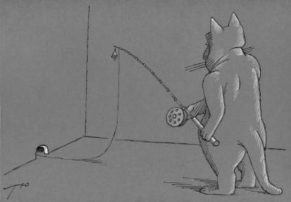 Кот ловит на удочку мышку из норки. ВНИМАНИЕ! Рисунок принадлежит ЗАО `ИД `Комсомольская правда`. Гонорар автору не расписывать.