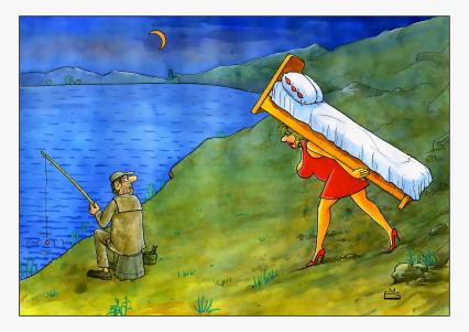 Жена несет кровать на ночную рыбалку. ВНИМАНИЕ! Рисунок принадлежит ЗАО `ИД `Комсомольская правда`. Гонорар автору не расписывать.