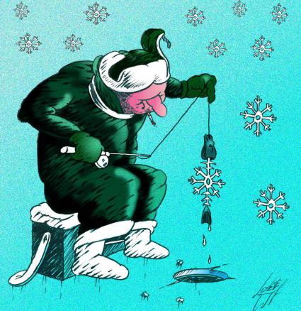 Зимняя рыбалка. Мужчина разглядывает улов. ВНИМАНИЕ! Рисунок принадлежит ЗАО `ИД `Комсомольская правда`. Гонорар автору не расписывать.