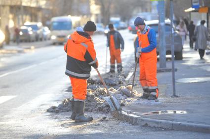 Выгул собак.Выгул собак.Гастарбайтеры во время уборки снега на улице города