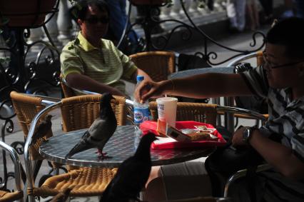 Уличное кафе. На снимке: фастфуд и голуби.