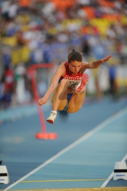 СК \"Лужники\".  Церемония открытия чемпионата мира по легкой атлетике 2013.  Квалификационный раунд по прыжкам в длину. На снимке: российская спортсменка  Елена Соколова