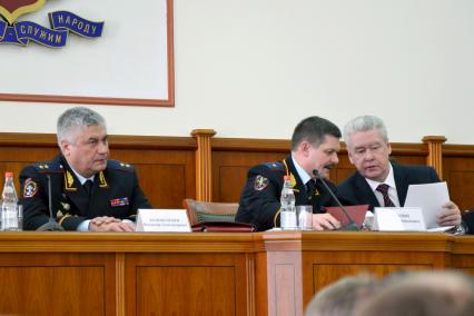 Заседание коллегии Главного управления МВД по городу Москве. На снимке: министр внутренних дел РФ Владимир Колокольцев, начальник ГУ МВД России по г. Москве Анатолий Якунин и Временно исполняющий обязанности мэра Москвы Сергей Собянин.