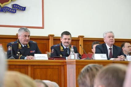 Заседание коллегии Главного управления МВД по городу Москве. На снимке: министр внутренних дел РФ Владимир Колокольцев, начальник ГУ МВД России по г. Москве Анатолий Якунин и Временно исполняющий обязанности мэра Москвы Сергей Собянин.