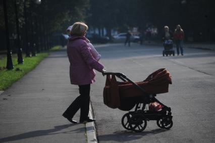 Мама с ребенком гуляют в Петровском парке.