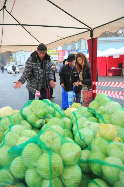 Ярмарка на ВВЦ. На снимке: мужчина торгует белокочанной капустой.