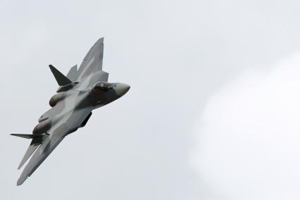 Аэродром ЛИИ им. Громова. 11-й Международный авиационно-космический салон `МАКС-2013`. На снимке: многоцелевой истребитель пятого поколения Т-50 в небе.