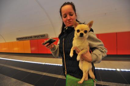 Открытие станции метро `Лермонтовский проспект`. На снимке:  пассажирка метрополитена с собачкой на руках.