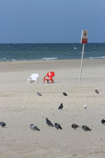 Пляж Тель-Авива. На снимке: пластиковые кресла на пляже. Табличка `Купаться запрещено`.