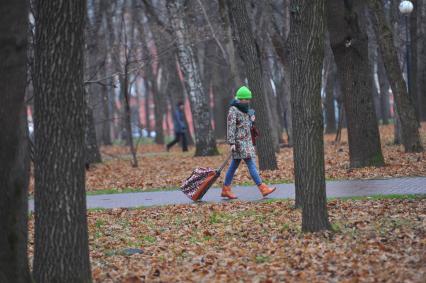 Осень. Девушка с сумкой на колесиках идет по аллее парка.