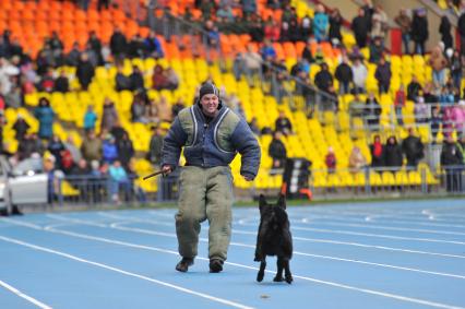 СК `Лужники`.  Спортивный праздник московской полиции. На снимке: показательные выступления кинолга со слкжебной собакой.