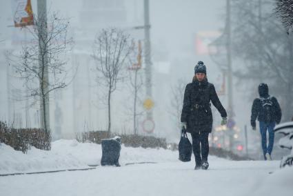 Снегопад в Екатеринбурге. На снимке: девушка идет по улице.