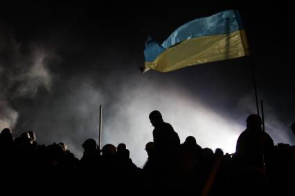 Протестующие штурмуют Украинский дом. На снимке: протестующие с украинским флагом.