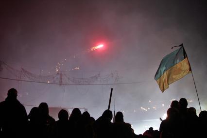 Протестующие штурмуют Украинский дом. На снимке: протестующие с украинским флагом.