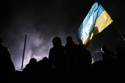 Протестующие штурмуют Украинский дом. На снимке: протестующие с украинским флагом.