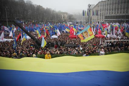 Евромайдан. Акция сторонников евроинтеграции Украины. Площадь Независимости.  На снимке  колонна митингующих.