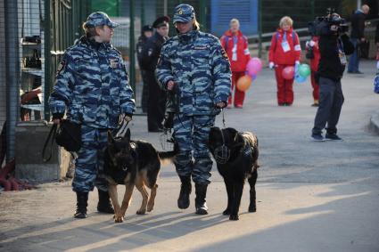 Подготовка к открытию XXII зимних олимпийских игр в Сочи. На снимке: кинологи с собаками.