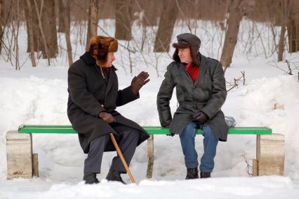 Два сидящих на лавочке в зимнем парке пенсионера разговаривают.