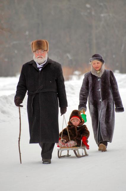 Дедушка и бабушка везут внучку на санках по зимнему парку.