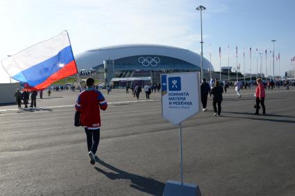 XXII Зимние Олимпийские игры в Сочи. На снимке: болельщик с российским флагом направляется к ледовому дворцу `Большой` на матч по хоккею сборной РФ со сборной США в предварительном раунде.