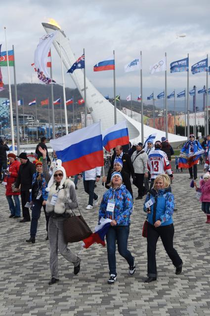 XXII Зимние Олимпийские игры в Сочи. На снимке: российские болельщики гуляют по Олимпийскому парку. На втром плане: чаша Олимпийского огня.