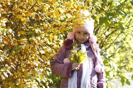 Девочка с гербарием в осеннем парке.