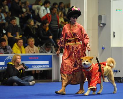 МВЦ `Крокус Экспо`. Международная выставка собак `Евразия 2014`. На снимке: хозяйка с собакой породы акито-ину.