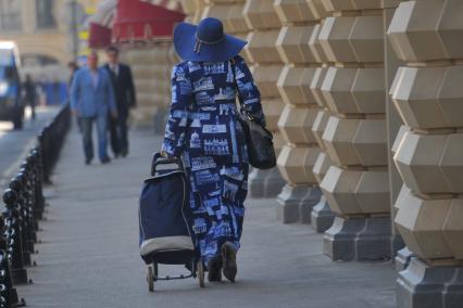 Женщина в шляпе с тележкой  идет по улице.