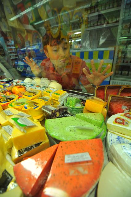 Правительство РФ ввело запрет на поставки говядины, свинины, мяса птицы, рыбы, сыров, молока и плодоовощной продукции из Австралии, Канады, ЕС, США и Норвегии сроком на один год. На снимке: покупатель у прилавка с сырами в магазине \'Универсам\'.
