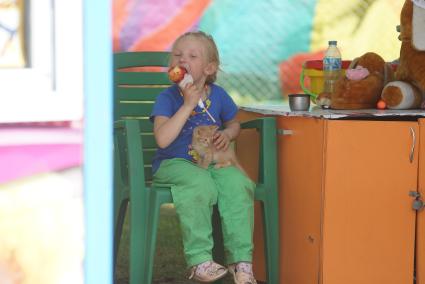 Девочка с котенком на коленях ест яблоко в карамели