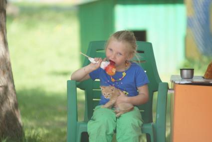 Девочка с котенком на коленях ест яблоко в карамели