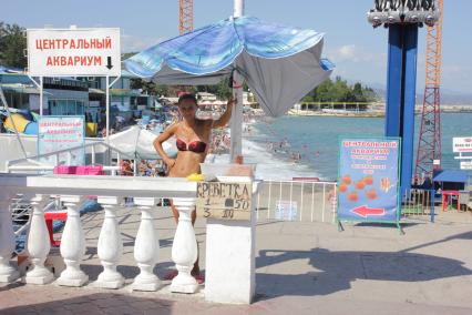 Девушка продает креветки на побережье черного моря.