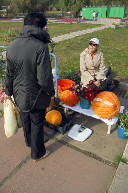 Женщина на улице продает дачный урожай.