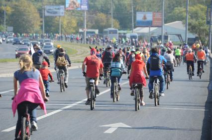 Всемирный день без автомобиля 2014 в Москве. На снимке: люди на велосипеде.