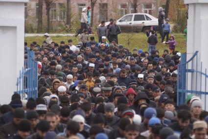 Мусульмане совершают утреннюю молитву (намаз) у Медной мечети имени Имама аль Бухори в Верхней Пышме, во время празднования Курбан-байрама