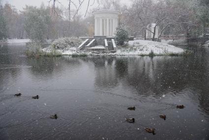 Харитоновский парк в Екатеринбурге во время снегопада