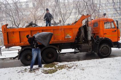 Коммунальные рабочие грузят мешки с опавшей листвой в кузов грузовика