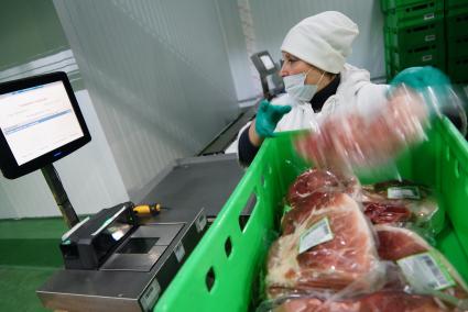 Сотрудник упаковочного участка сортирует продукция по ящикам. Агроферма \"Ариант\" в Челябинской области