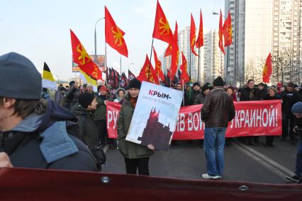 День народного единства. Шествие `Русский марш ` в Люблино. На снимке: активист держит плакат `Крым - окно в Европу`.